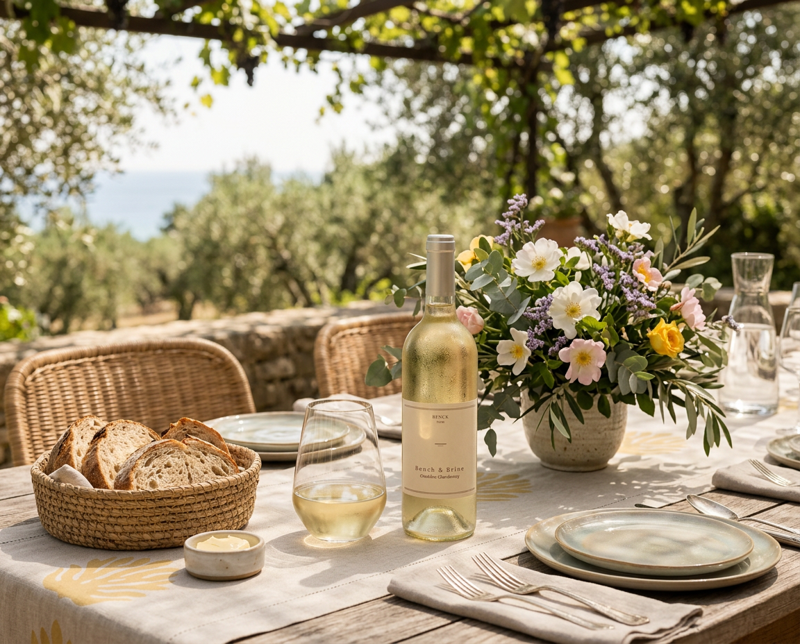 A beautifully styled outdoor table with white wine, fresh bread, and wildflowers