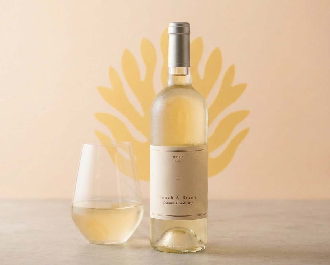 Bottle of Bench Brut Sparkling wine with a glass of white wine